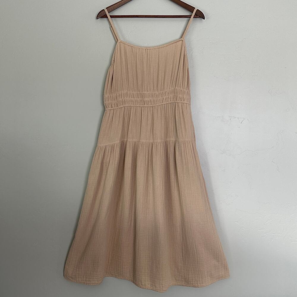 Old Navy 100 Cotton Gauze Midi Dress Large Tan Smocked Cottagecore MilkMaid EUC